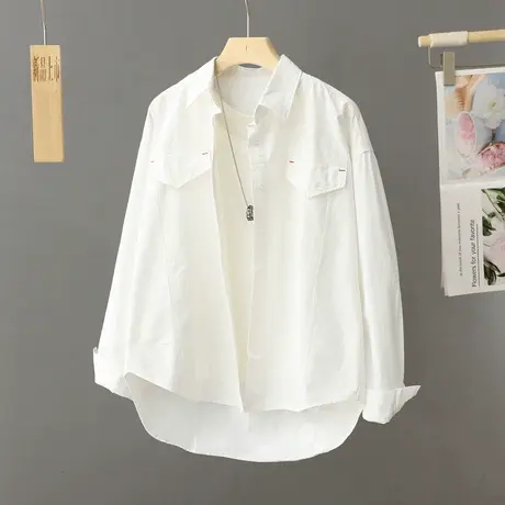 休闲宽松慵懒风白色衬衫女士中长款百搭上衣开衫韩版时尚洋气衬衣商品大图