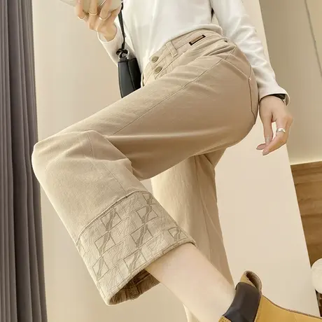 印花翻边烟管裤女秋冬新款高腰显瘦设计感小个子拼接直筒九分裤潮商品大图