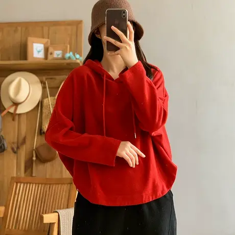 dza 复古纯色全棉连帽卫衣女2024春新款宽松休闲上衣百搭运动外套图片