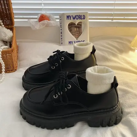 复古英伦风系带黑色厚底小皮鞋女2023年春季新款百搭增高日系单鞋商品大图