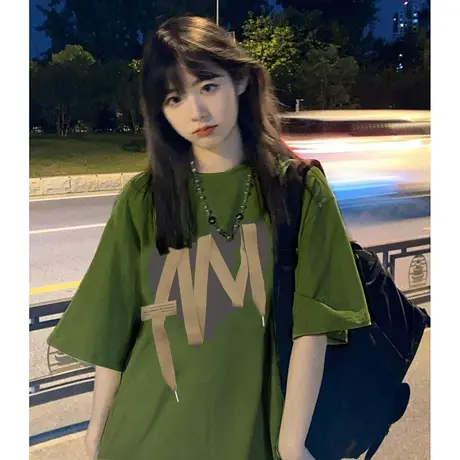 正肩绿色短袖t恤女夏季2023新款小个子港风chic复古宽松半袖上衣商品大图