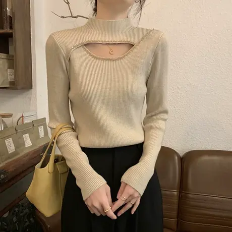 镂空水钻设计感半高领毛衣打底衫女秋冬加厚修身内搭软糯针织上衣图片