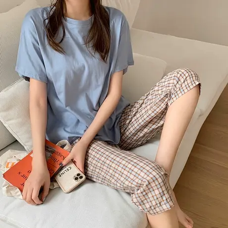 睡衣女夏季纯棉家居服新款2021年短袖两件套长裤套头日系韩版套装商品大图