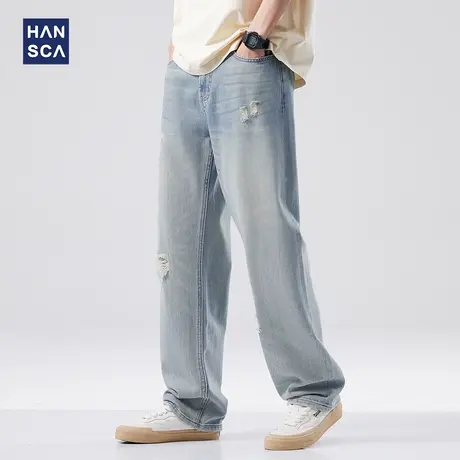 hansca春季新款男士牛仔裤痞帅高级感宽松直筒潮牌休闲破洞长裤子商品大图