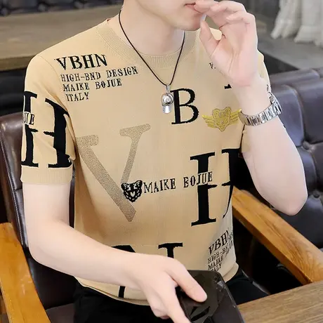 夏季男士冰丝短袖针织衫T恤个性印花男装上衣服夏季半袖体恤衫商品大图