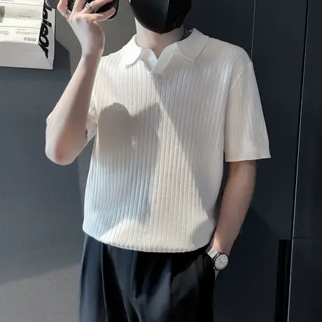 夏季针织衫POLO衫ins纯色修身打底衫条纹短袖t恤轻熟半袖打底上衣商品大图