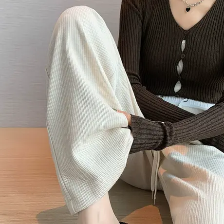 杏色窄版阔腿裤女春秋款拼接设计感直筒2024新款休闲拖地糯米裤潮商品大图