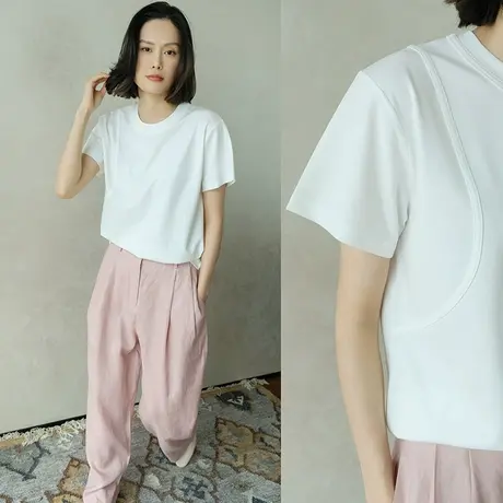 "2024春夏新款 休闲宽松纯色圆领百搭短袖T上衣 极简精致T恤"图片