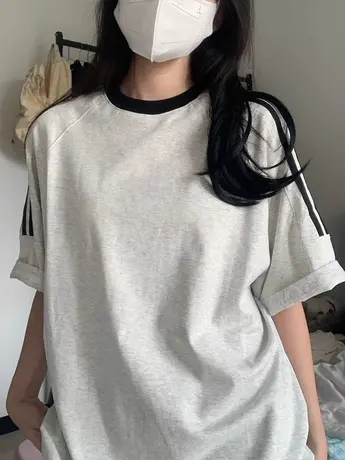 美式复古三条杠插肩短袖t恤女夏季纯棉宽松韩系半袖设计感上衣服图片