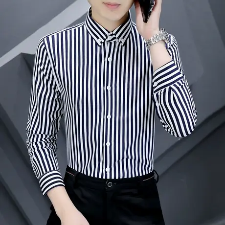 男士轻熟风长袖衬衫秋季时尚商务休闲职业寸衫潮流免烫竖条纹衬衣商品大图