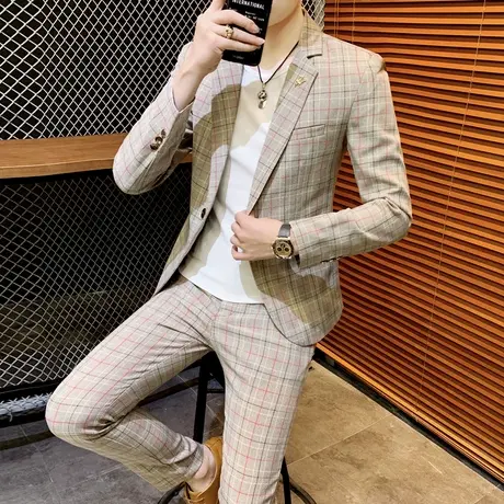 英伦帅气男士西服套装格子三件套理发型师休闲韩版潮流小西装外套商品大图