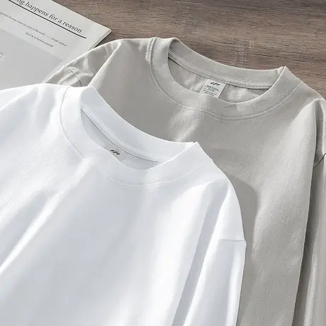 重磅纯棉长袖t恤男女纯色白色打底衫秋冬季宽松圆领内搭全棉秋衣商品大图