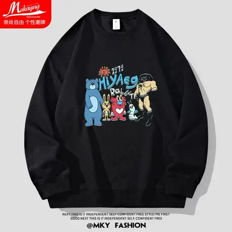 韩版卡通印花圆领卫衣男黑色2023秋季新款宽松大码休闲百搭外套潮图片
