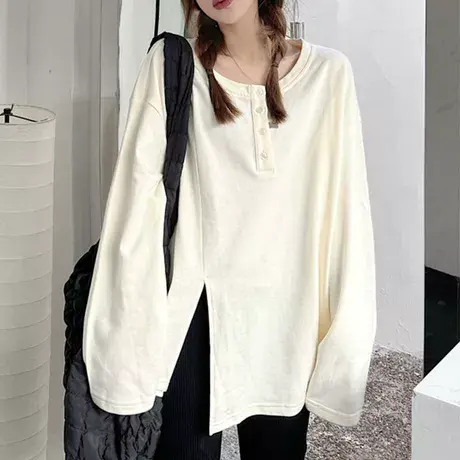 设计感小众不规则T恤女春秋内搭大码胖mm长袖打底衫宽松上衣200斤商品大图