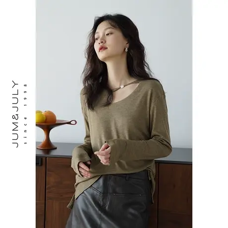 嘉茱莉2023秋季新款天丝斜领长袖T恤女短款上衣打底衫小众设计感商品大图