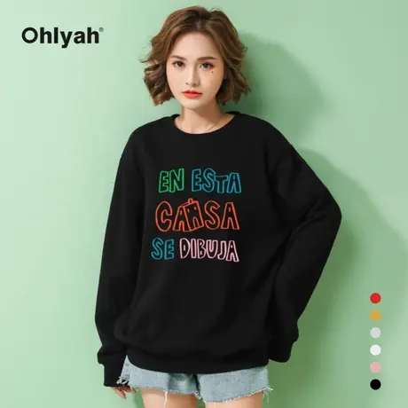 Ohlyah品牌 潮牌韩版卫衣女黑色中长款下衣失踪圆领宽松上衣学生商品大图