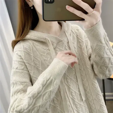 针织卫衣女2022年新款连帽宽松套头上衣百搭慵懒帽衫秋冬加厚毛衣图片