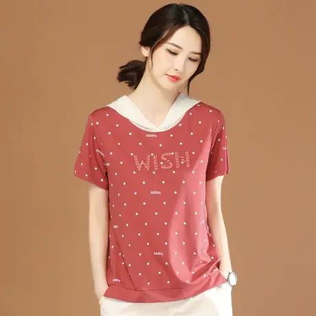 韩潮袭人连帽波点短袖T恤女2023夏新款字母印花休闲体恤衫上衣薄图片