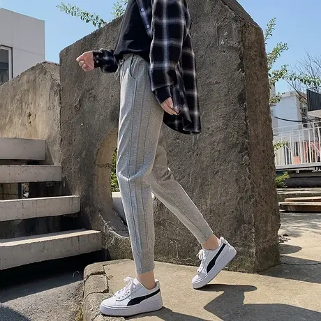 运动裤女春夏2022新款韩版休闲卫裤学生小个子九分灰色束脚显瘦潮商品大图