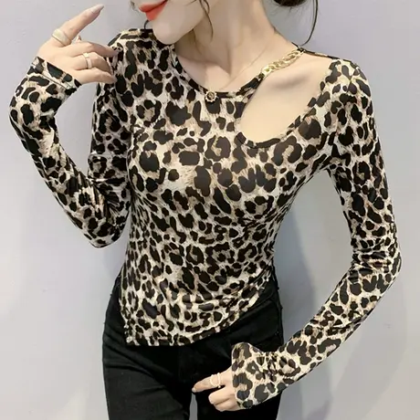 性感镂空豹纹T恤女装设计感小众不规则上衣紧身打底衫女长袖春秋商品大图