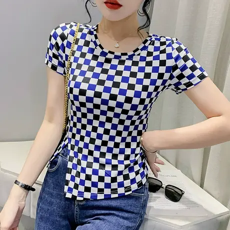 撞色棋盘格短袖T恤女不规则下摆上衣开衩紧身小衫洋气短款体恤ins图片