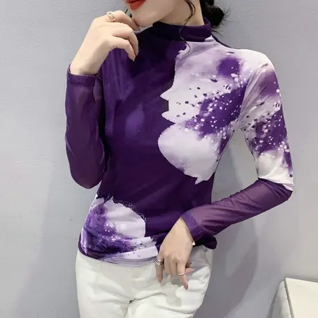 半高领打底衫女春装2023新款撞色印花别致上衣气质显瘦网纱T恤ins商品大图