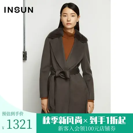 【高支羊毛】恩裳冬季新款气质修身直筒水貂毛领毛呢外套女商品大图