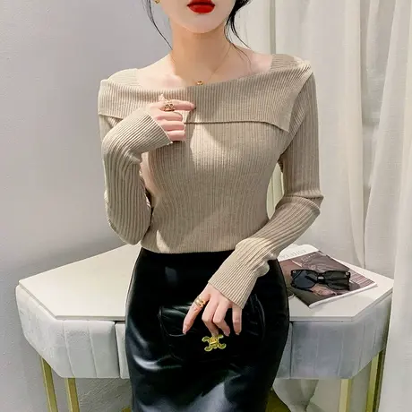 不规则百搭一字领针织衫秋冬性感露肩打底衫气质减龄收腰修身上衣图片