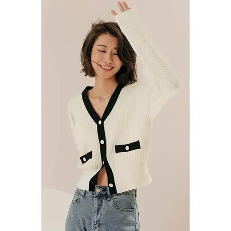 弥古小香风v领针织衫高级感显瘦收腰毛衣开衫外套女春秋撞色上衣图片