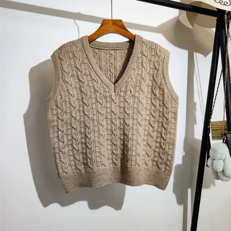 慵懒风针织马甲女秋冬新款宽松v领叠穿无袖麻花毛衣背心坎肩外穿商品大图