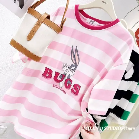 韩国东大门上衣2023春夏款别致撞色可爱兔子粉条纹中长款T恤宽松商品大图