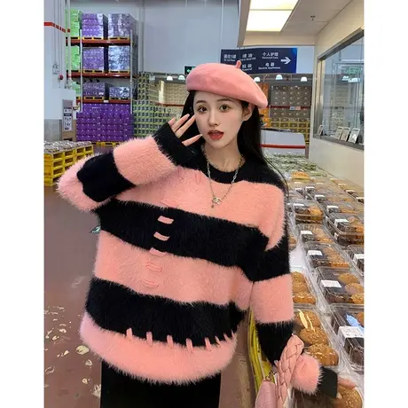 日系复古条纹毛衣女秋冬季加厚宽松设计感小众上衣慵懒风针织外套商品大图