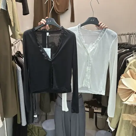 秋装新款荷叶边纯色简约单排扣长袖T恤女开衫小外套薄款上衣ins潮图片