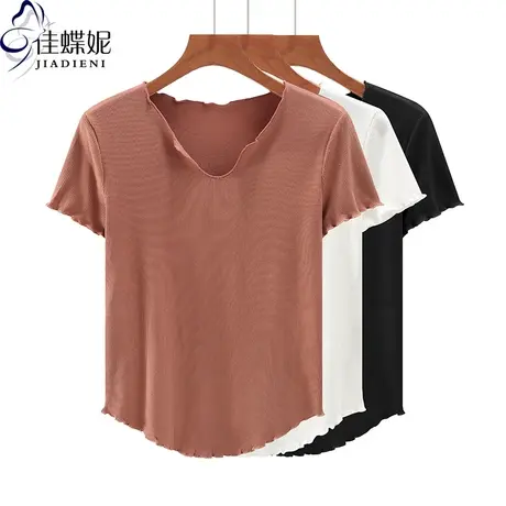 夏季新款韩版圆领纯棉纯色修身荷叶边下摆圆弧纯欲短袖体恤内搭女商品大图