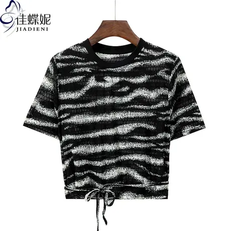 夏季新款圆领修身拉绳短款纯欲撞色水波纹网纱短袖体恤上衣女打底商品大图