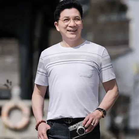 爸爸短袖T恤夏季中年男士体恤衫半袖圆领白色有口袋老人上衣服装商品大图
