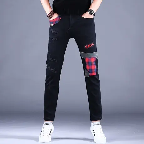 男士欧美黑色牛仔裤男男款百搭2023新款休闲裤子秋款修身小脚潮牌商品大图