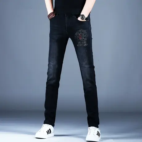 高级烫钻牛仔裤男款修身小脚美式高阶潮牌潮流裤子男2023秋季弹力商品大图