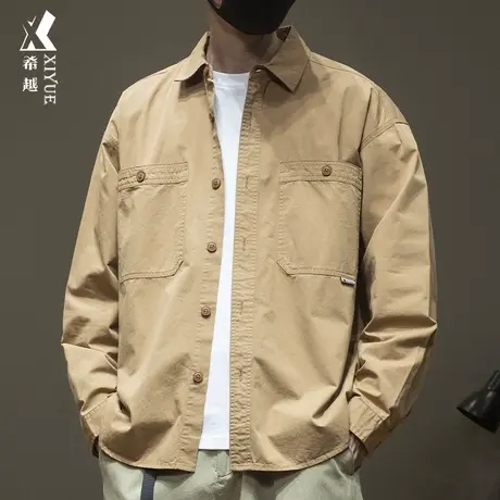 希越秋季高级感重磅衬衫男驼色长袖休闲外套男士秋冬大码工装衣服图片