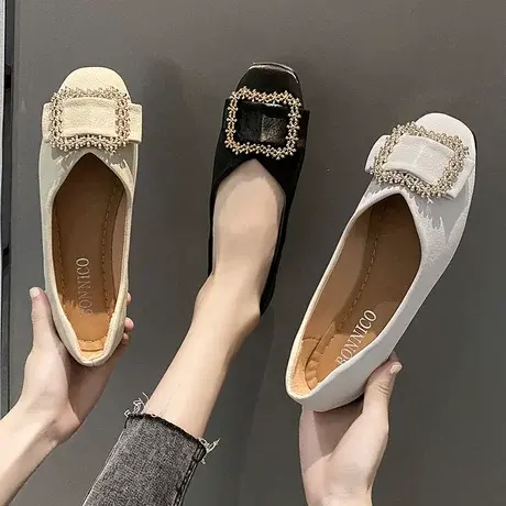 软皮豆豆鞋女2023春季新款网红温柔风方头平底鞋外穿瓢鞋单大码图片