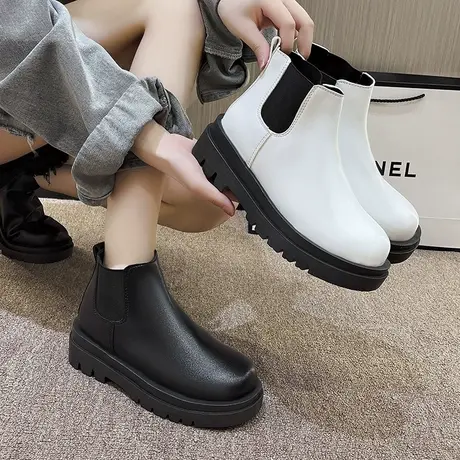 切尔西短靴女2023秋季新款欧货厚底白色靴子烟筒马丁靴单靴及裸靴图片