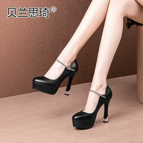 防水台粗跟单鞋春秋季新款真皮百搭一字扣走秀模特超高跟鞋图片