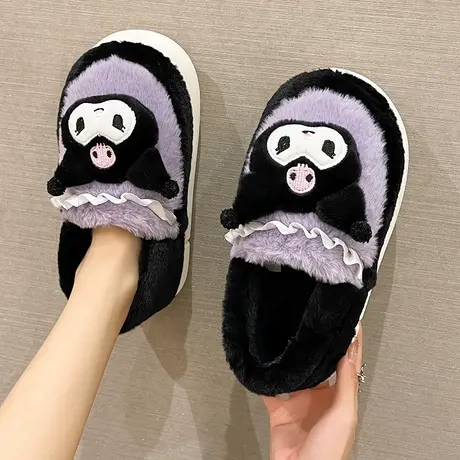 可爱库洛米棉拖鞋女冬季毛绒保暖室内居家用防滑厚底包跟月子棉鞋商品大图