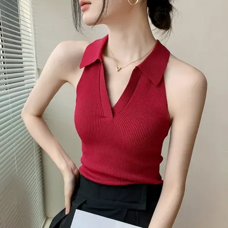 复古红色吊带背心女夏季辣妹多巴胺穿搭V领遮副挂脖翻领无袖上衣商品大图