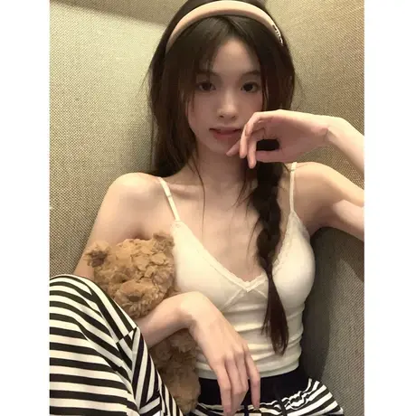 带胸垫 蕾丝花边V领小吊带女外穿修身性感内搭辣妹打底短款背心夏图片