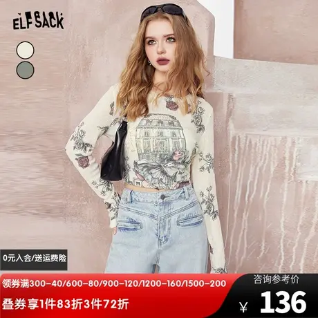 妖精的口袋满印修身长袖t恤女2024年早春新款韩系chic别致上衣图片