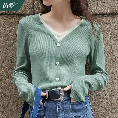 茵曼法式设计感假两件毛衣女2023秋新款v领修身显瘦针织开衫上衣图片