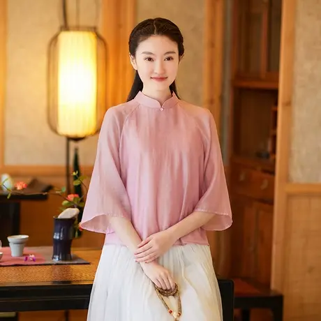 素飞叠岚唐装女新中国风改良旗袍上衣素衣短款禅意茶服套装仙气夏图片