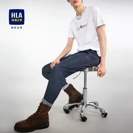 HLA/海澜之家春夏牛仔九分裤抽绳松紧腰含新疆薄款中腰直筒裤子男图片