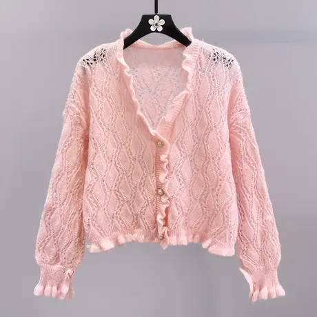 日系木耳边镂空针织开衫女2023早秋新款宽松高级感薄款毛衣外套图片